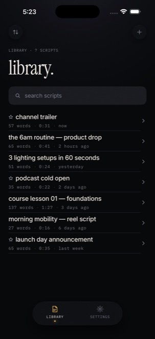 NexCam script library on iPhone showing folders, drafts, word counts, and read times