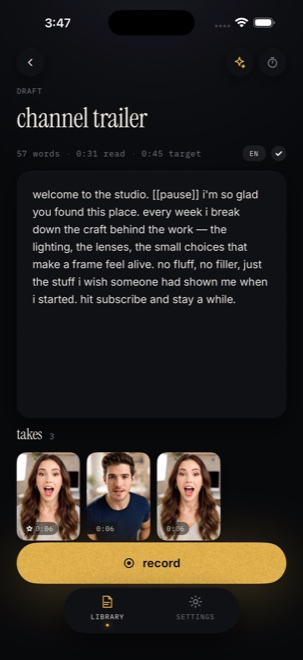 NexCam script editor on iPhone with pause marks, a target time, and on-device AI rewrite