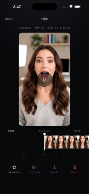 NexCam take review screen trimming clips on a timeline with favorite takes marked