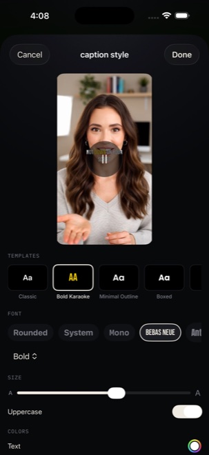 NexCam Caption Studio adding word-synced karaoke captions on iPhone