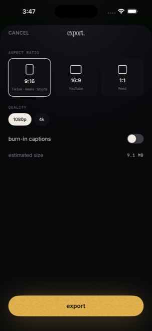 NexCam export screen rendering watermark-free 4K video in 9:16 for TikTok and Reels