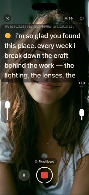 NexCam lens-locked recording screen with the teleprompter band directly beneath the iPhone camera